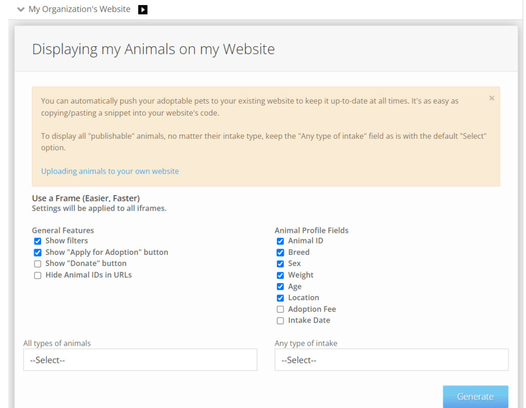 ShelterLuv Display on Website Functionality