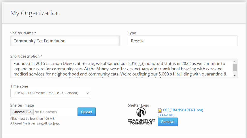 ShelterLuv My Organization Screen