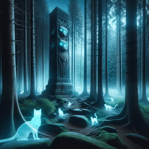 Mystical dark cat scene with ghosts