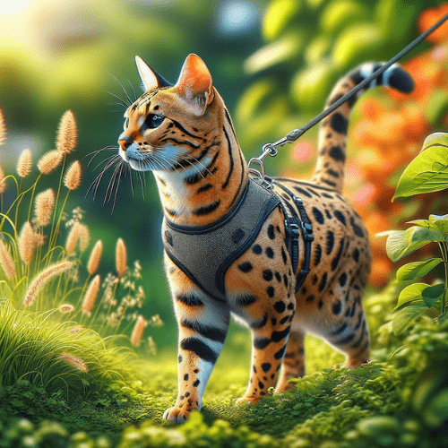 Savannah Cat on a leash and harness